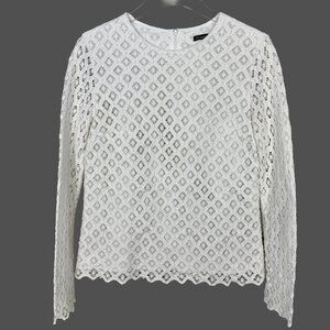 J McLaughlin White Diamond Lace Crochet Eyelet Long Sleeve Lined Top Cotton M